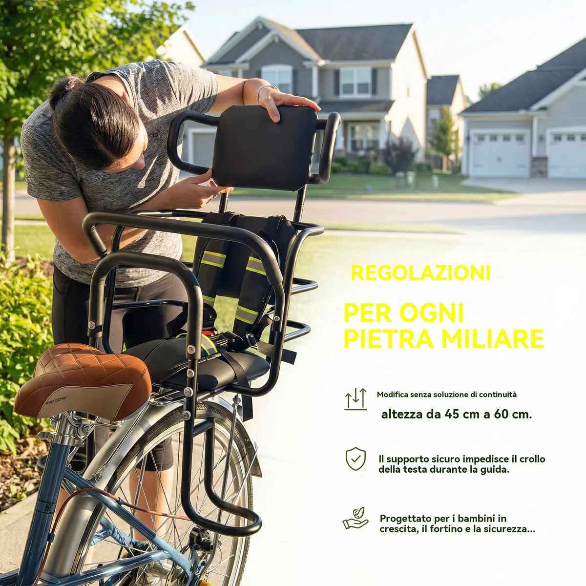 QMD Seggiolino Posteriore per Bambini con poggiatesta Regolabile; seggiolino Posteriore per Bici con poggiapiedi, Schienale e maniglione di Sicurezza. Progettato per Bambini dai 18 Mesi agli 8 Anni.