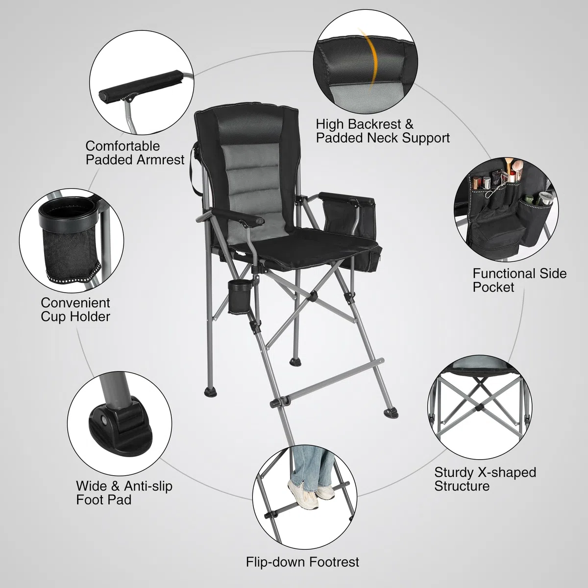 REDCAMP Sedia da regista pieghevole alta con poggiapiedi, capacità 136 kg, nero | Sedia portatile da trucco per artisti con borse laterali, sedia da regista per campeggio, resistente, supporta 136 kg