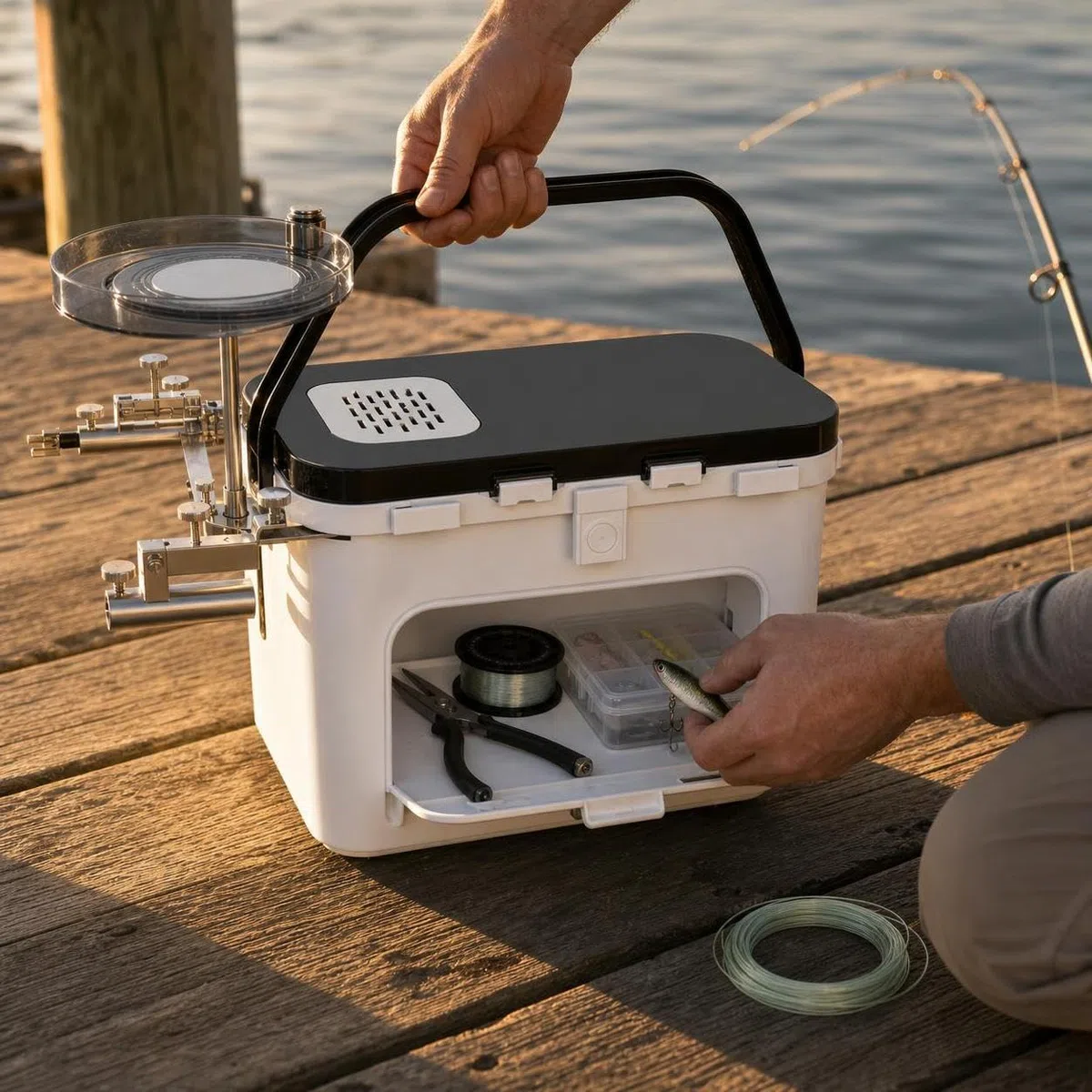 Sedile da pesca con secchio integrato e scomparto per accessori, per esterni - per campeggio