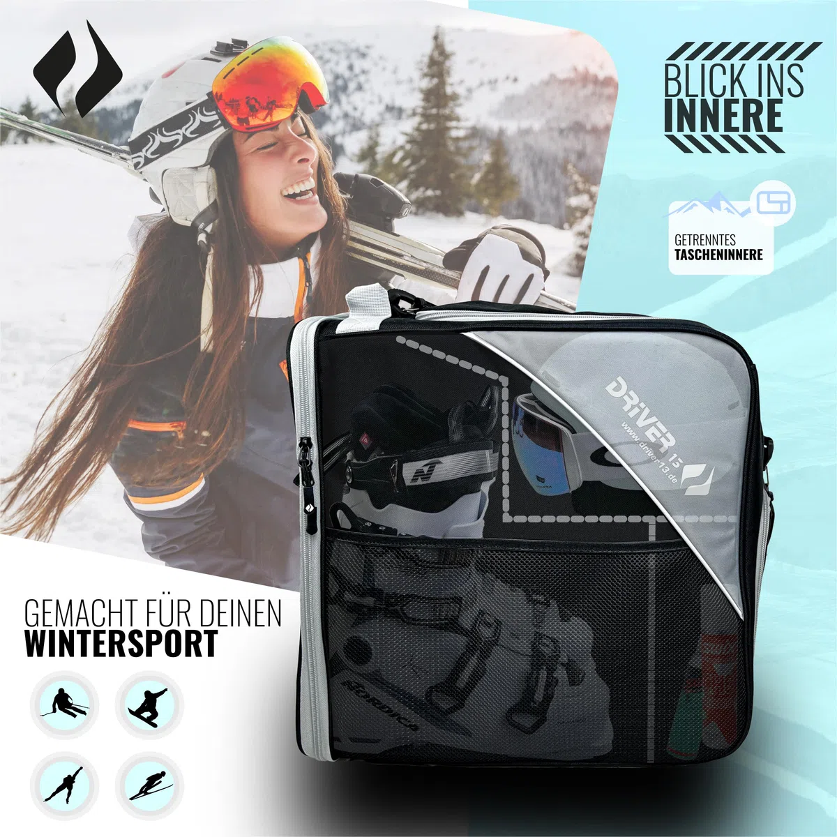 Driver13 borsa per scarponi/scarpe da sci con scomparto casco (bootbag) per scarpe da sci e boots snowboard (nero/grigio)