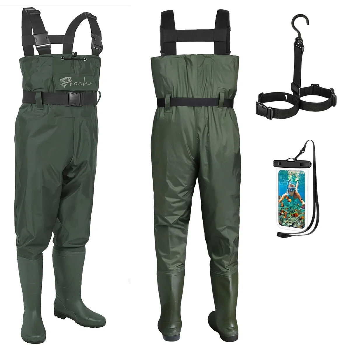 Croch Waders pesca Stivali da pesca per uomo e donna, impermeabili, in PVC e nylon con gomma, taglia 44, ideali per la pesca, verde