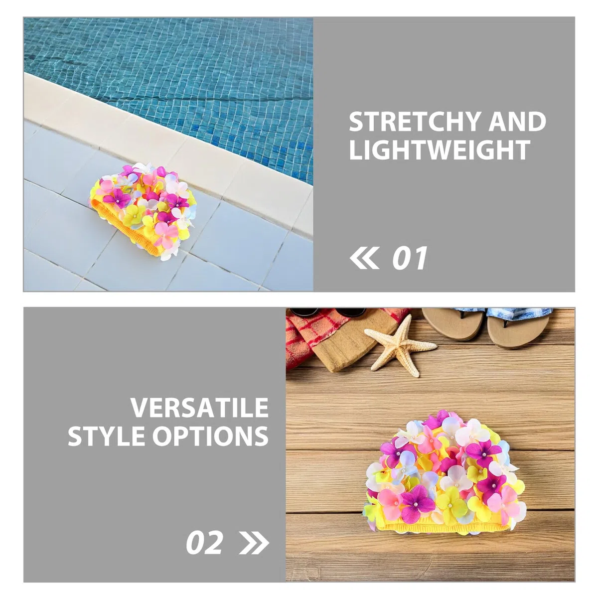 Housoutil 3 Pezzi Cuffia da Nuoto Donna con Design a Petalo Floreale in Chinlon, Leggera con Riduzione della Resistenza All'acqua, per Piscina e Protezione Chioma
