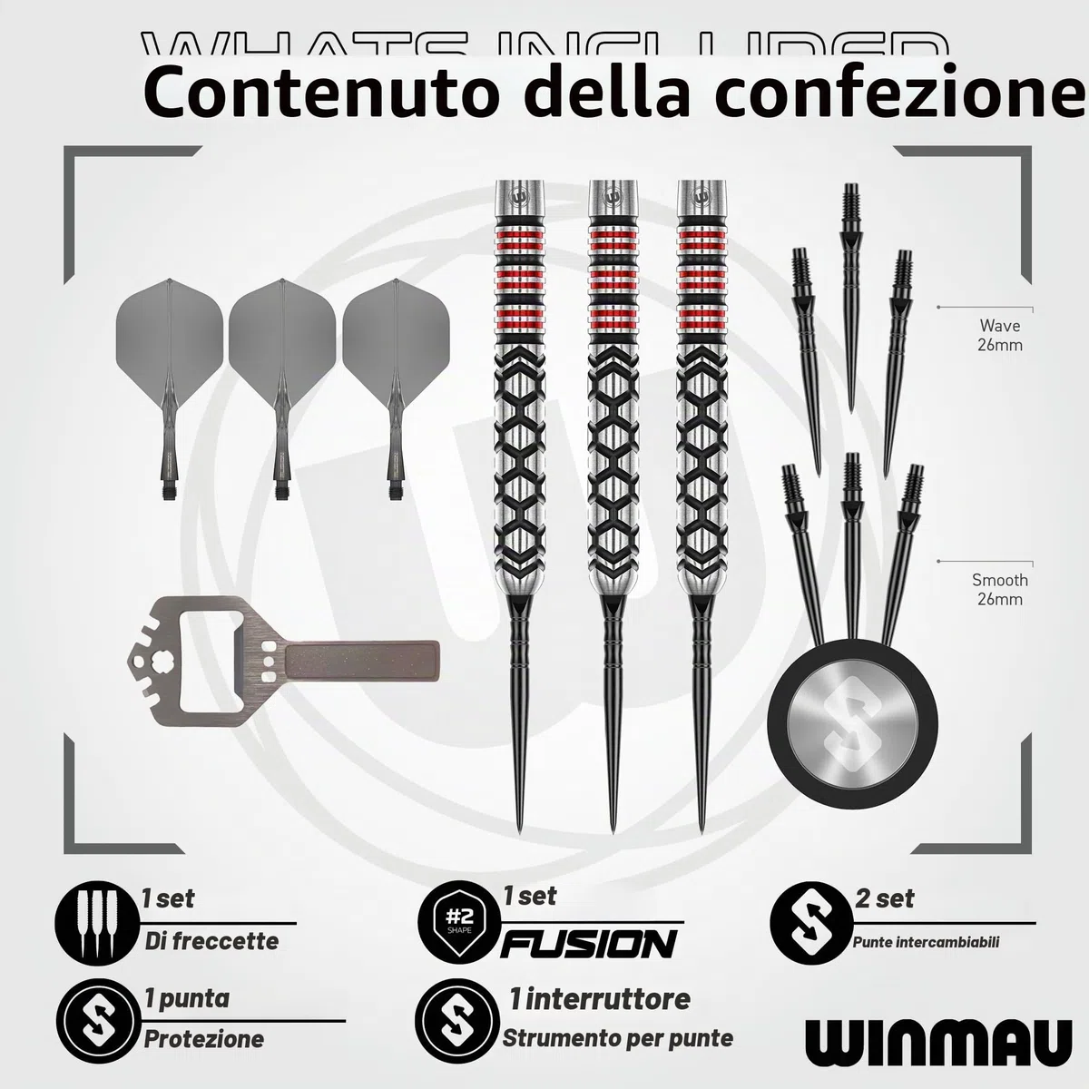 WINMAU Darts-Fornax – Set di freccette professionali al 90% in tungsteno, tecnologia Switch Point, fusti paralleli neri e rossi, 2 punti intercambiabili (onda e liscia), sistema di cambio rapido |