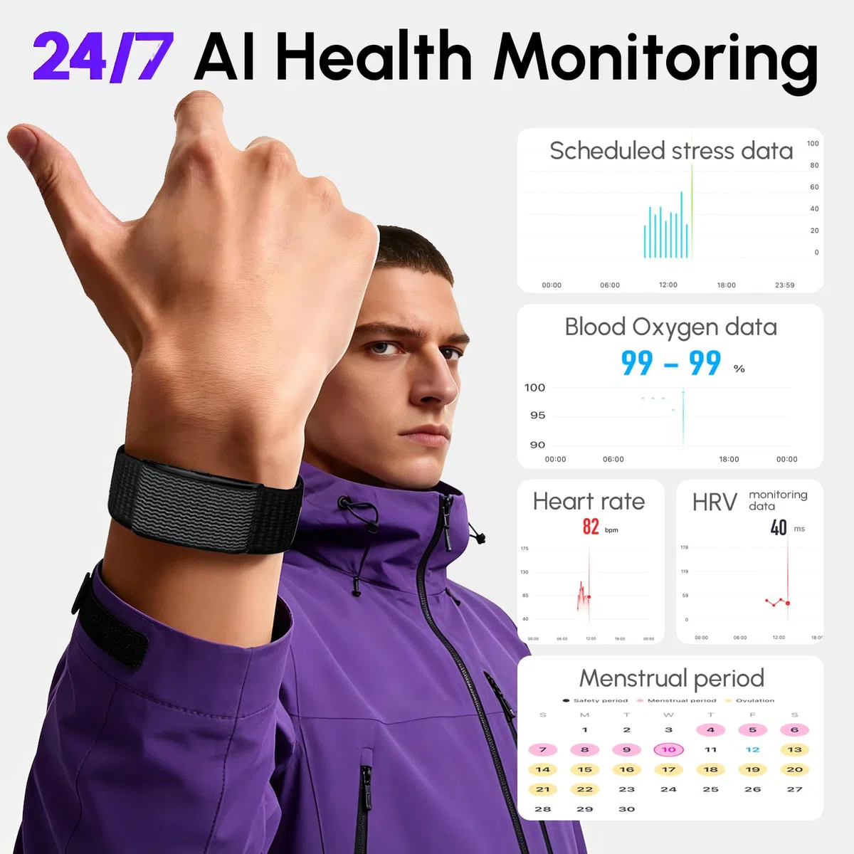Monitoraggio dell'attività senza schermo con monitoraggio del sonno, monitoraggio del ciclo mestruale, frequenza cardiaca e SpO2, impermeabile IP68, batteria 30 giorni, regalo