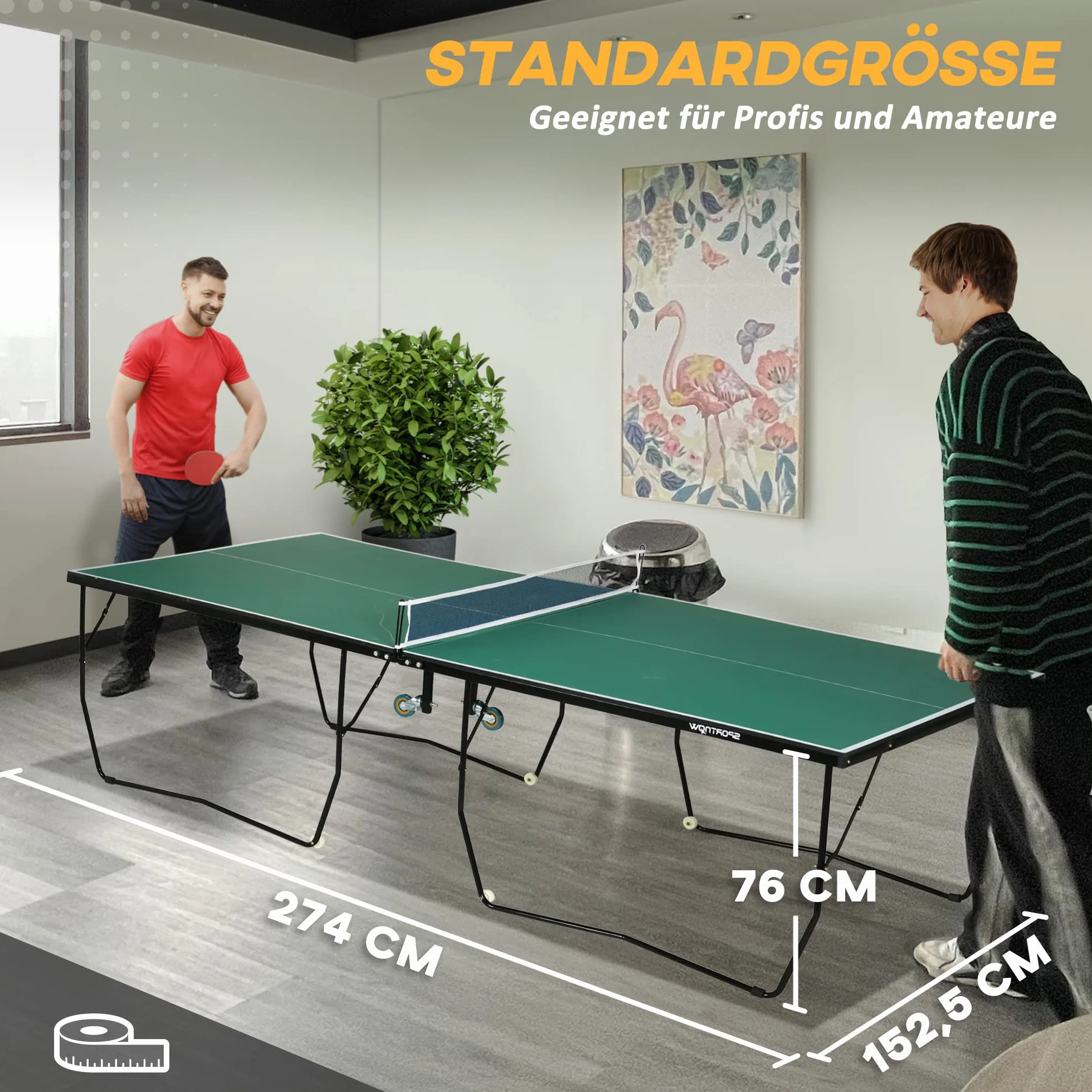 Tavolo da ping pong pieghevole con ruote, set da ping pong con rete, 2 racchette e 3 palline, dimensioni standard 274 x 152 x 76 cm, pannello MDF, struttura in acciaio