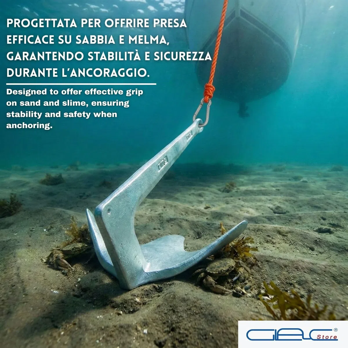 Ancora Bruce Trefoil in Acciaio Zincato a Caldo con Cima Galleggiante 30m e Moschettone Inox, Monoblocco per Barca e Gommone, 2,5Kg 5Kg 7,5Kg 10Kg