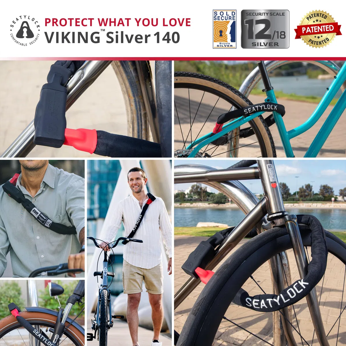 Seatylock Viking - Catena con lucchetto per bicicletta con chiave, antifurto brevettato, per mountain bike o bici elettriche (140 cm, colore argento)