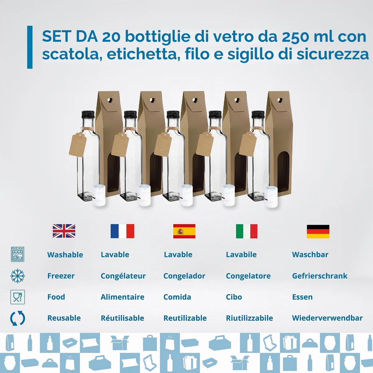 Set 20 Bottiglie di Vetro 250 ml con Tappo Nero e Beccuccio Versatore + 20 Scatole, 20 Sigilli e 20 Etichette – Oliera Regalo per Olio e Aceto | Espirito Rebelde