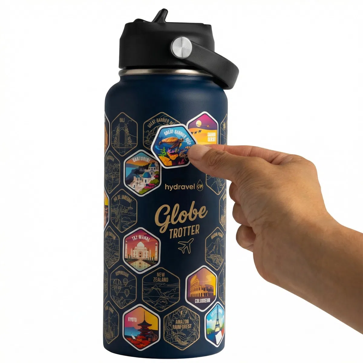 Borraccia Termica GLOBE TROTTER con 50 Adesivi dei Posti più BELLI del Mondo - Ottima Idea Regalo per Viaggiatori - 1 LT, Acciaio Inox, bevande Calde per 12h/Fredde 24h (Blu)