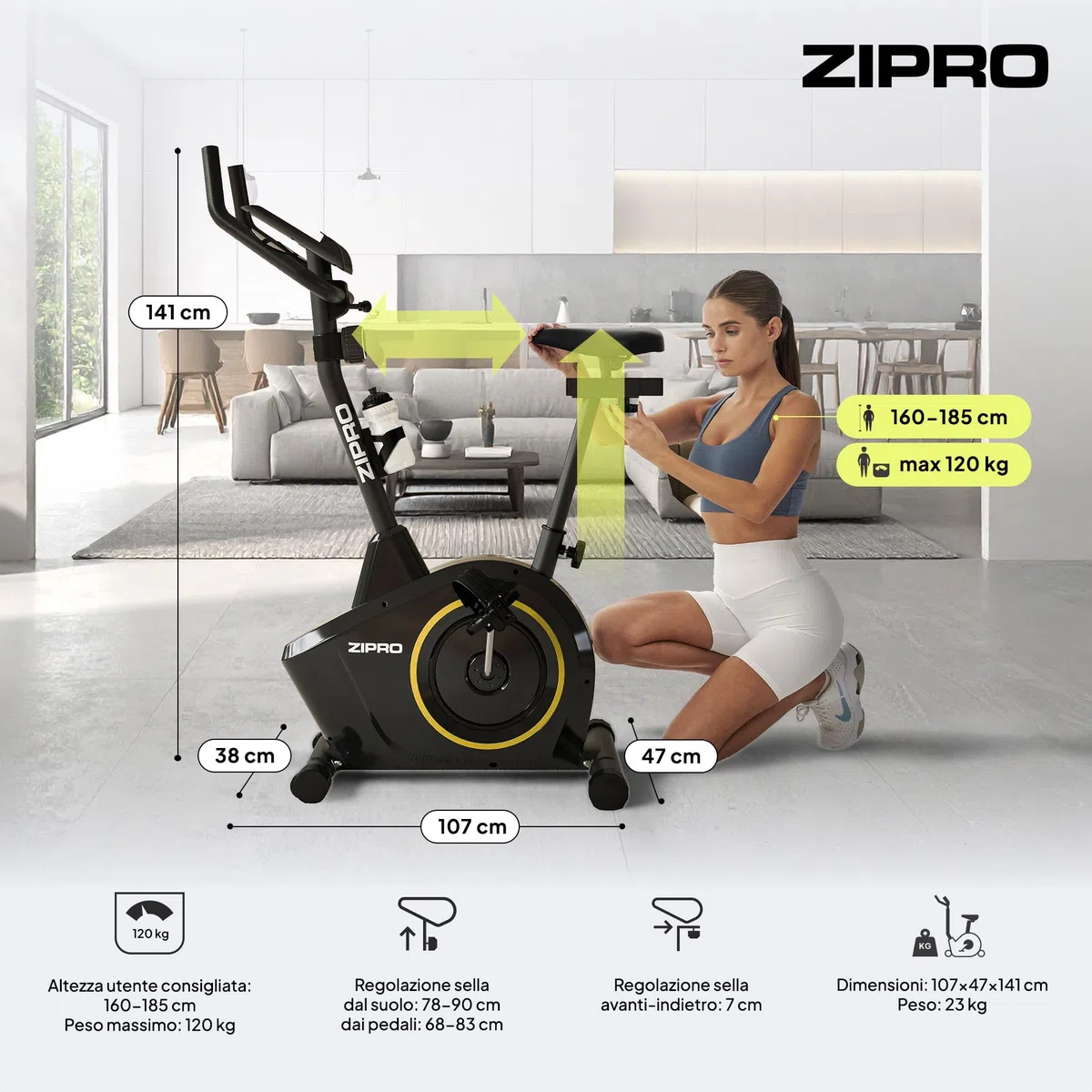 Zipro Cyclette Boost, Fitness Bike Ergometrico, Trainer Magnetico per Bicicletta, Ergometro fino a 120 kg, Bici da Interno, Cyclette per Allenamenti Domestici, Batteria Operata