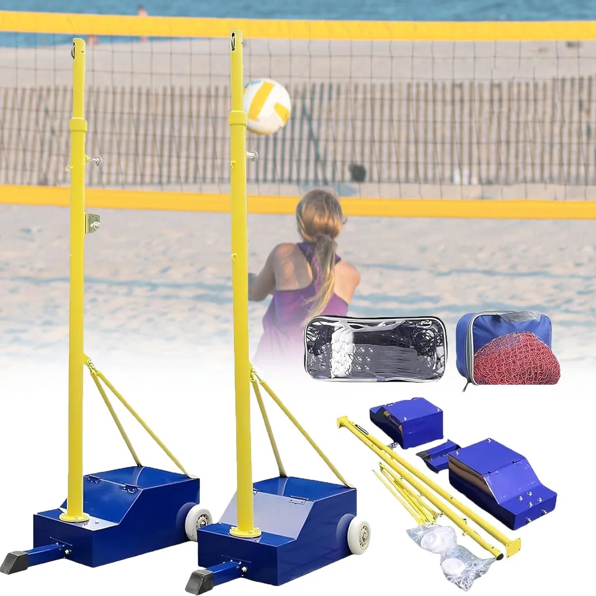 Sistema Rete da Pallavolo per Eventi, Pali Volley Robusti con Ruote, Kit Badminton Portatile per Famiglia Giardino Scuola e Sport nel Tempo Libero