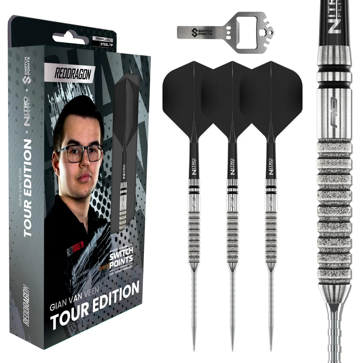 RED DRAGON Gian Van Veen Tour Edition Series - Freccette professionali in acciaio da 21 g, set di freccette professionali al 90% in tungsteno, con alette e steli