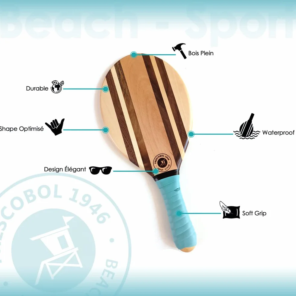 Set di 2 racchette da spiaggia in legno massiccio con palline, ispirazione brasiliana con borsa da trasporto in neoprene, design elegante