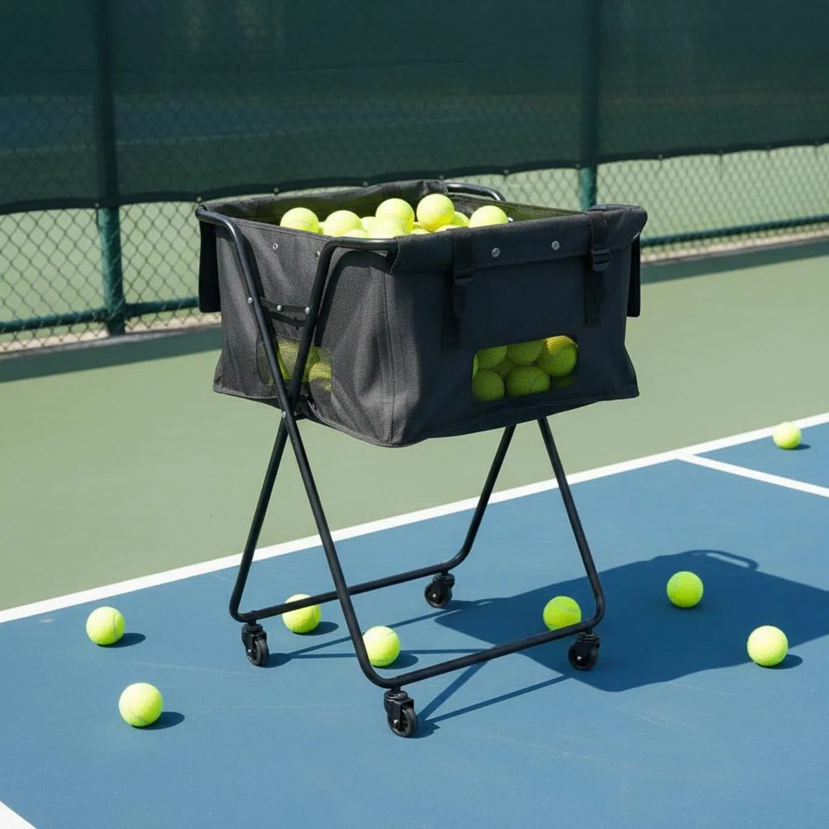 Carrello Raccogli Palline da Pickleball Grande Capacità Carrello Palline Tennis Pieghevole Struttura Robusta Attrezzatura Sportiva per Campo Sportivo