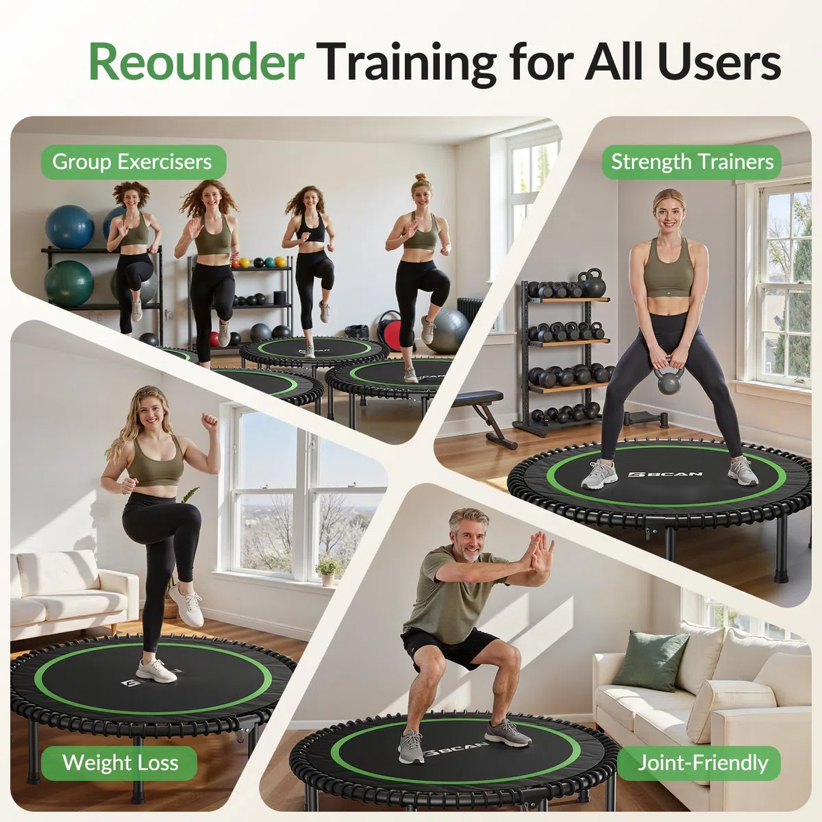 BCAN Mini trampolino pieghevole da 204/250 kg, 102/122 cm, per adulti con robuste corde in gomma, dispositivo di allenamento stabile e silenzioso, ideale per allenamento indoor/giardino