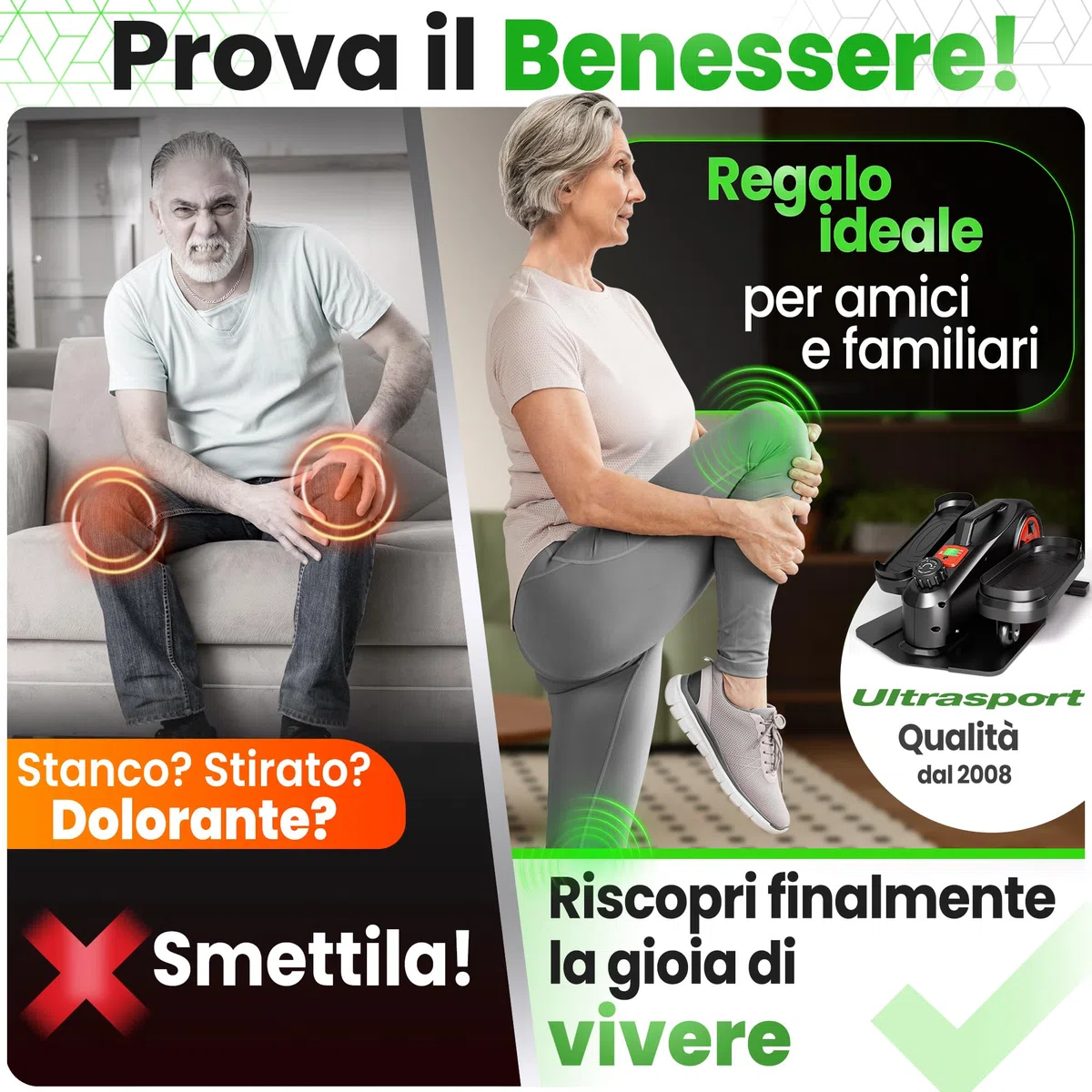 Ultrasport Stepper per casa, mini stepper fitness, 2 in 1, con corde di alimentazione e display LCD, per fitness a casa, mini stepper
