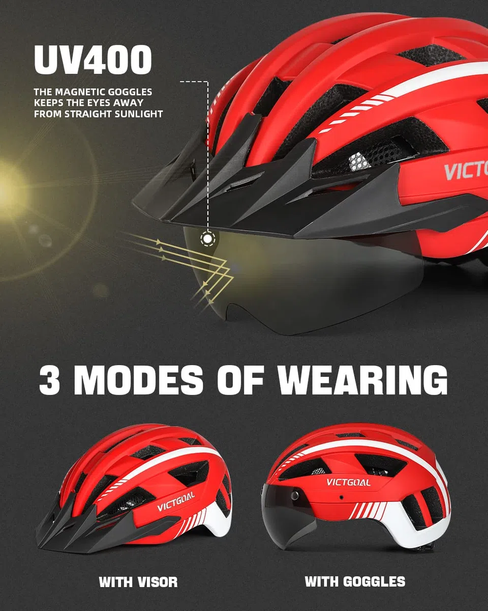 Victgoal Bike Helmet for Men Women with Led Light Detachable Magnetic Goggles Visor Mountain & Road Bicycle Helmets Adjustable Size Adult Cycling Helmets