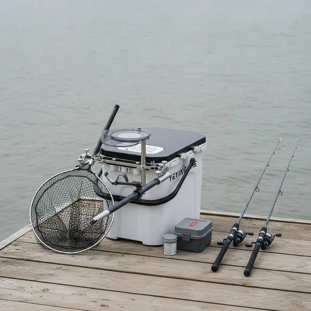 Sedile da pesca con secchio integrato e scomparto per accessori, per esterni - per campeggio