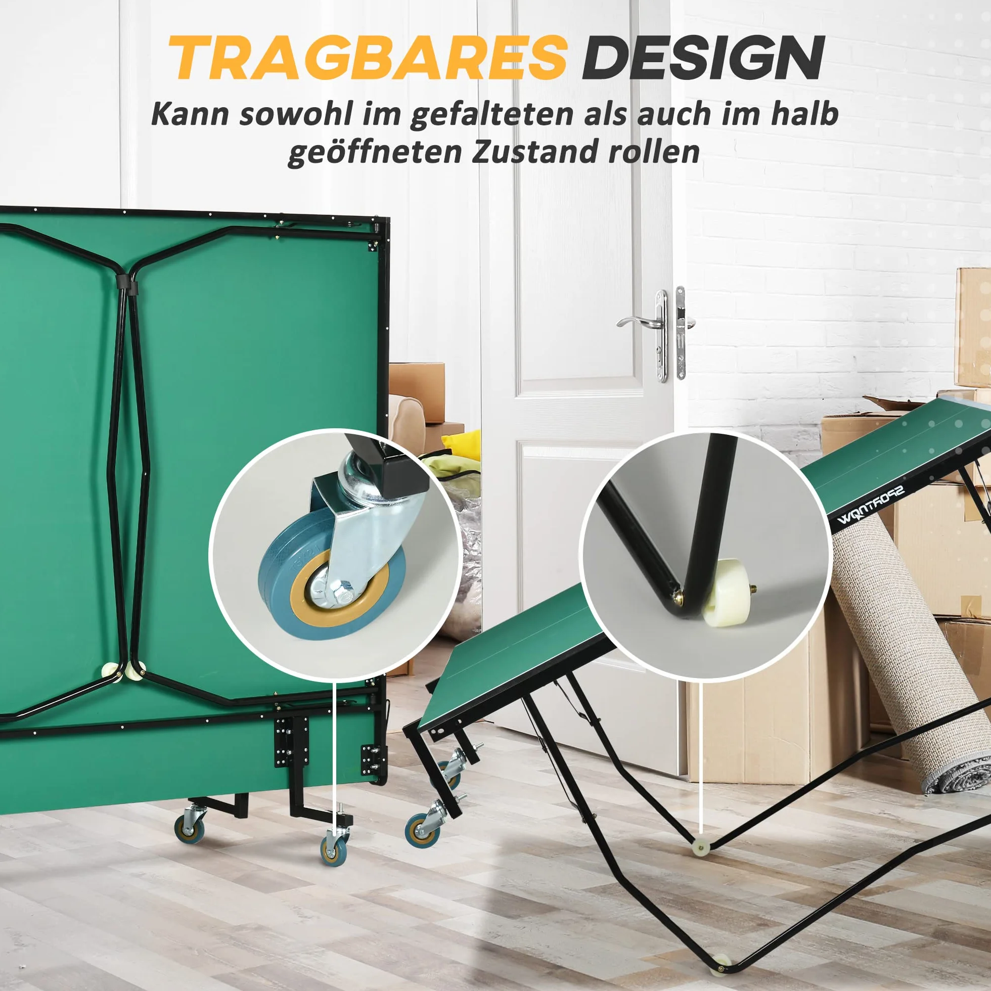 Tavolo da ping pong pieghevole con ruote, set da ping pong con rete, 2 racchette e 3 palline, dimensioni standard 274 x 152 x 76 cm, pannello MDF, struttura in acciaio