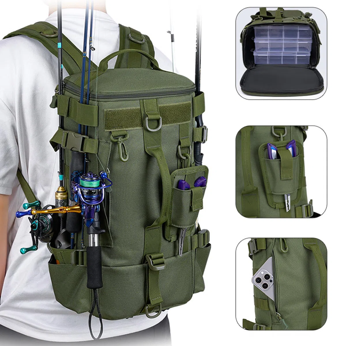 Borsa per attrezzatura da pesca resistente all'acqua all'aperto con supporto per canna da pesca zaino borsa porta canna da pesca, Verde