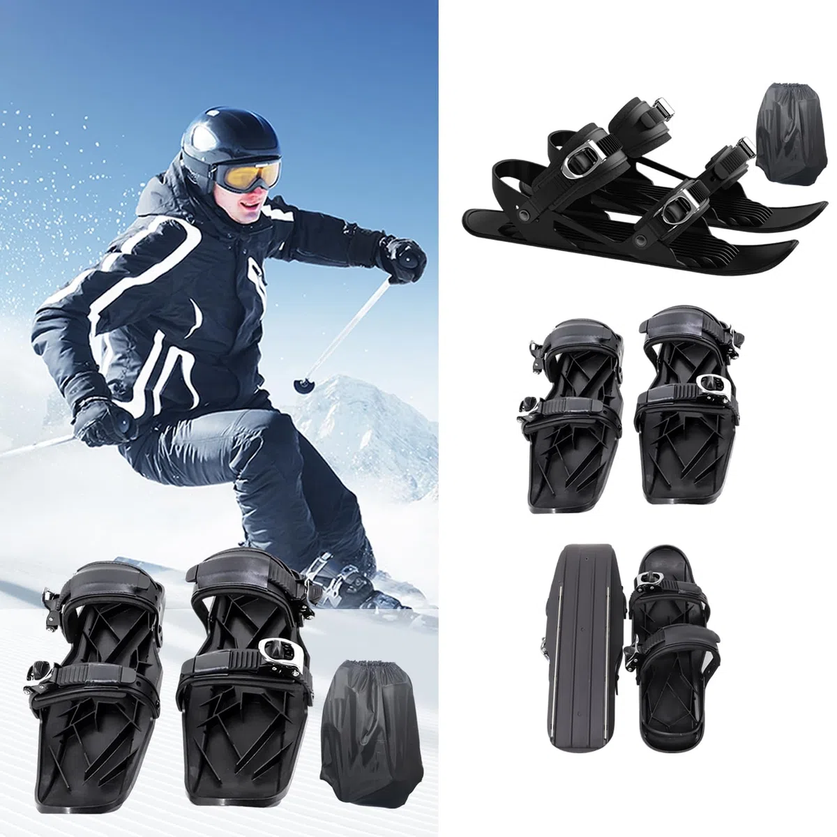 Pattini da neve regolabili – sci corti leggeri con fibbia in metallo in acciaio inox, pattini da ghiaccio in nylon antiscivolo e borsa per scarpe | per adulti, viaggi invernali, piste da mio