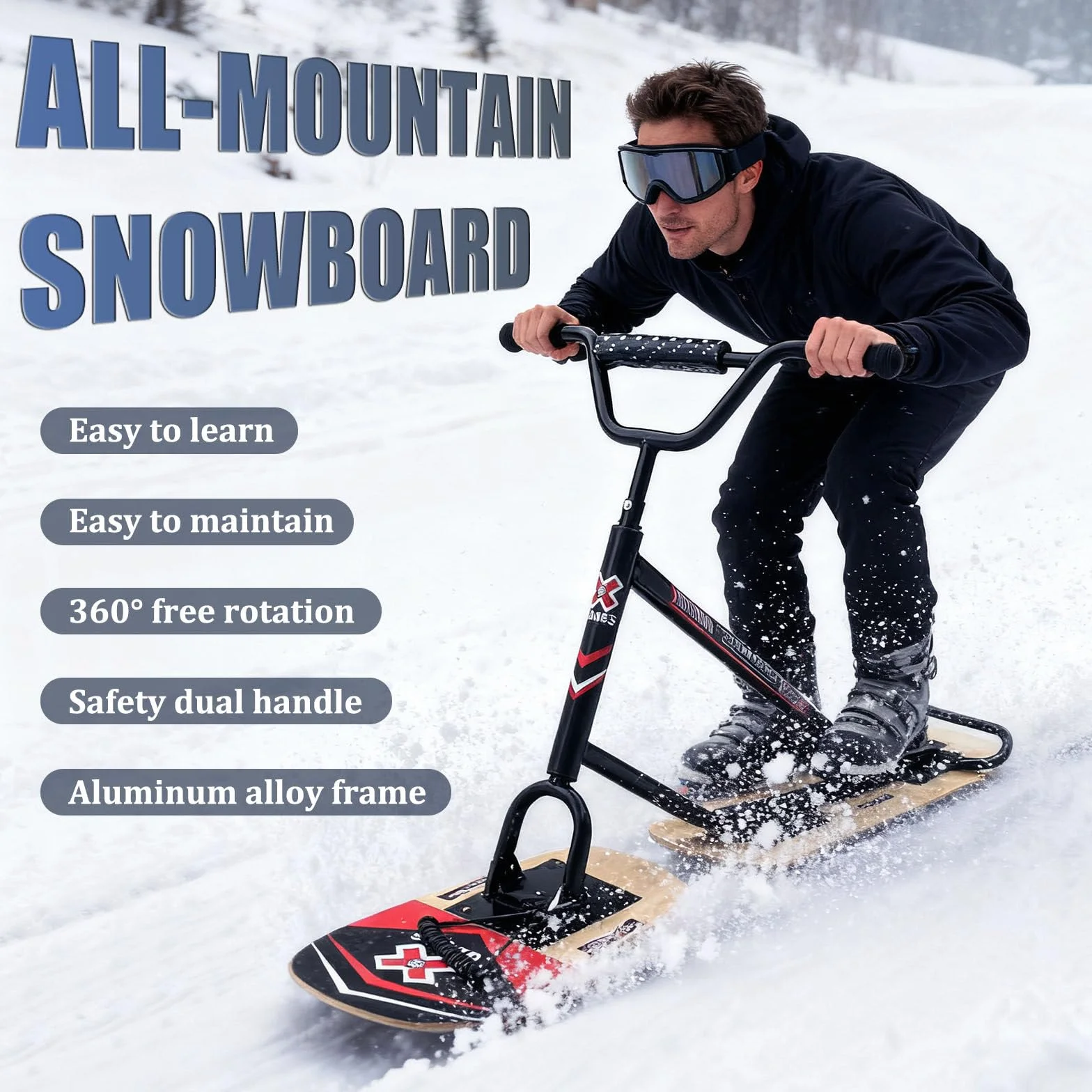 Monopattino da neve doppio con sci rotante per un controllo agile e design su tutti i terreni, ideale per sentieri battuti e uso backcountry da parte di adulti e ragazzi
