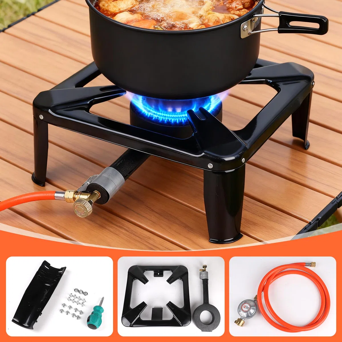 CPROSP Fornello a Gas da Esterno in Ghisa 10kw, 4 Piedi Bruciatore a Gas con Tubo da 1,5 m Riduttore Pressione da 50 bar, Fornello per Pomodori per Escursionismo Picnic campeggio