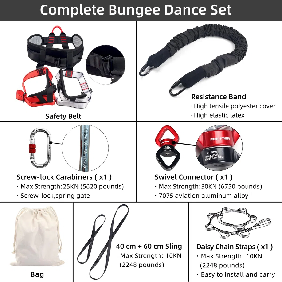PRIOR FITNESS Set di corde elastiche professionali per fitness, fasce di resistenza per yoga, danza aerea – fasce anti gravità per allenamento fitness – Attrezzatura per esercizi di fitness a casa
