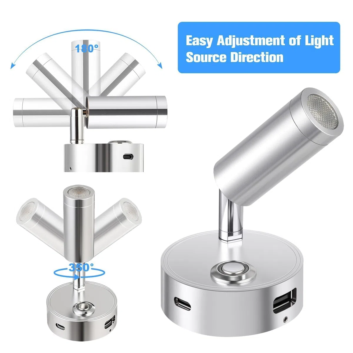ERWEY 2 pezzi LED lampada da lettura 12V camper touch dimmerabile 3 modalità di temperatura di colore con funzione di ricarica USB A + C connettori, illuminazione interna per barca Van Yacht, argento