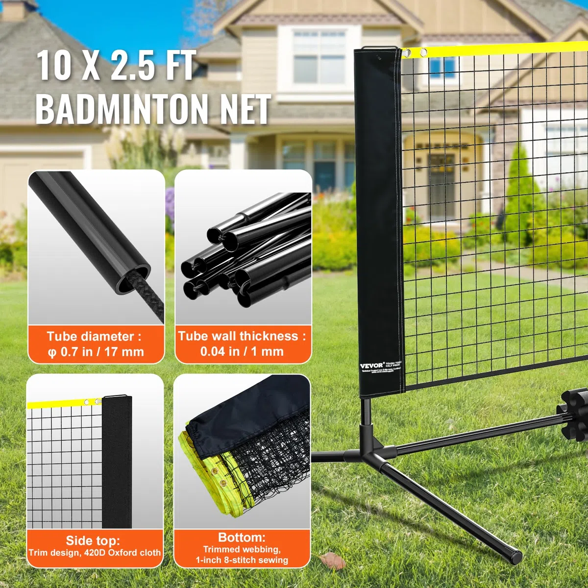 VEVOR Rete da Badminton Pallavolo Tennis, Set di Rete Pickleball Pieghevole Nylon Portatile, Regolabile Altezza, Facile da Installare con Pali Borsa, Uso Interno Esterno, 302 x 155 x 103 cm