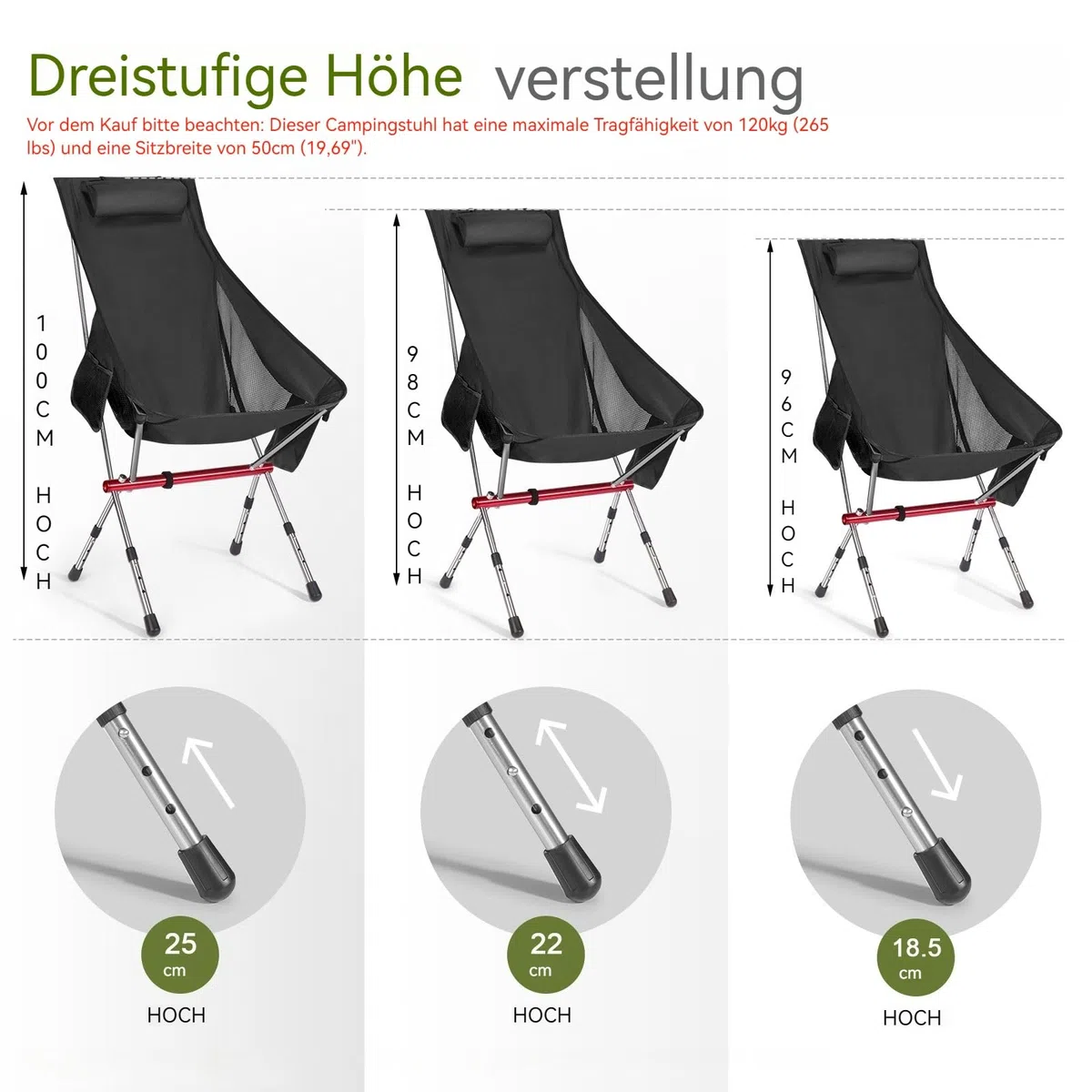 OKYUK Nuova sedia da campeggio pieghevole con schienale alto, tre altezze regolabili, borsa da trasporto leggera e custodia per tazza,Ideale per escursioni, relax in spiaggia e pesca (Nero)
