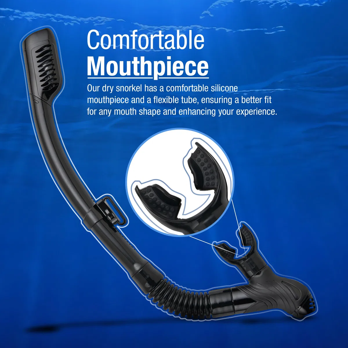 Dry boccaglio con boccaglio in silicone e valvola di sfiato per lo snorkeling e le immersioni | Nero