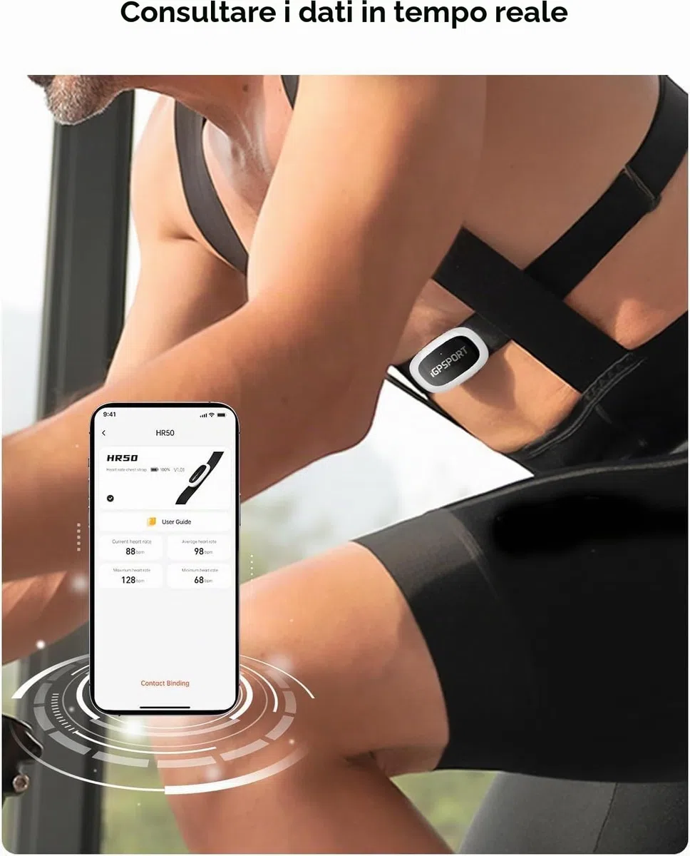 iGPSPORT HR50 Monitor di frequenza cardiaca Bluetooth & Ant+ con cinghia toracica per corsa, ciclismo, palestra e compatibile con Garmin Polar Wahoo - Nero
