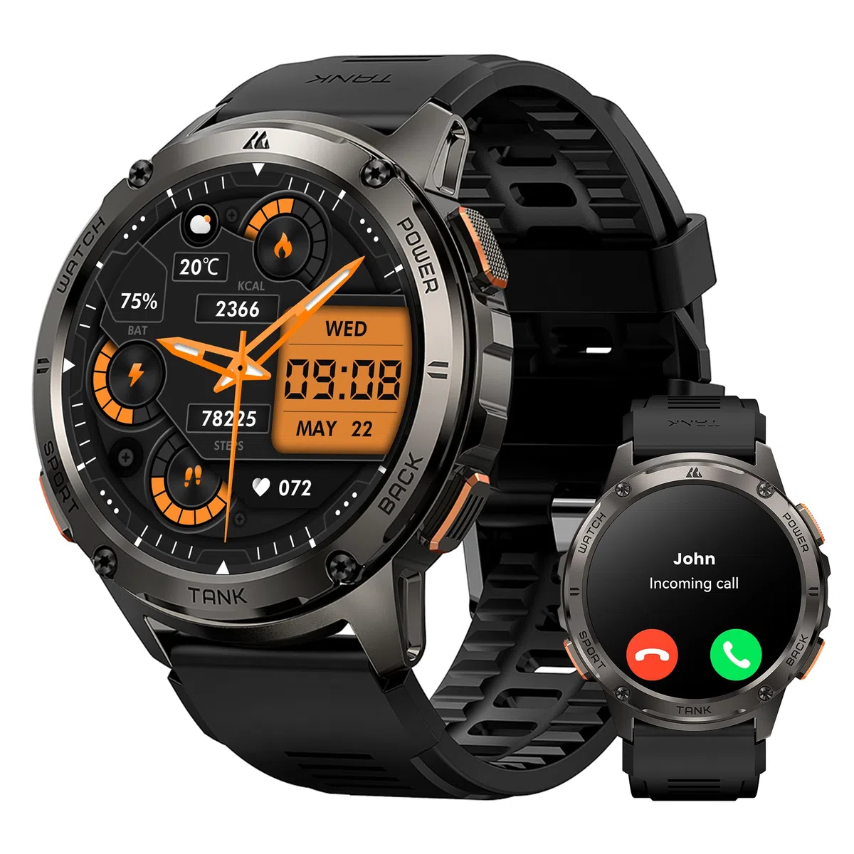 KOSPET TANK T3 Smartwatch，Impermeabile 5ATM & IP69K, Batteria Extra Large | Corpo in Acciaio Completo, Monitoraggio Frequenza Cardiaca e SpO2, 170+Modalità Sportiva, Compatibile Android & iPhone Nero