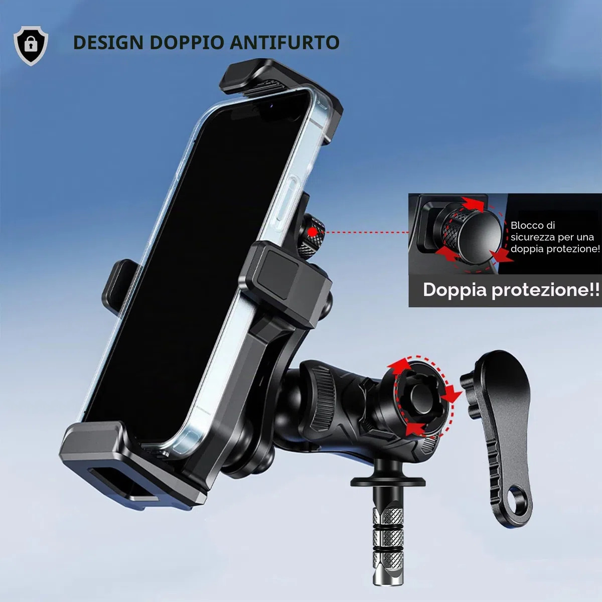 iMESTOU Supporto per Telefono per Forcella da Moto, Anti-vibrazione, con 2,5 cm/1" Doppio Braccio Antifurto e Base per Forcella, Adatto per BMW Yamaha Moto, Adatto per Cellulari da 4,7"-7,2"