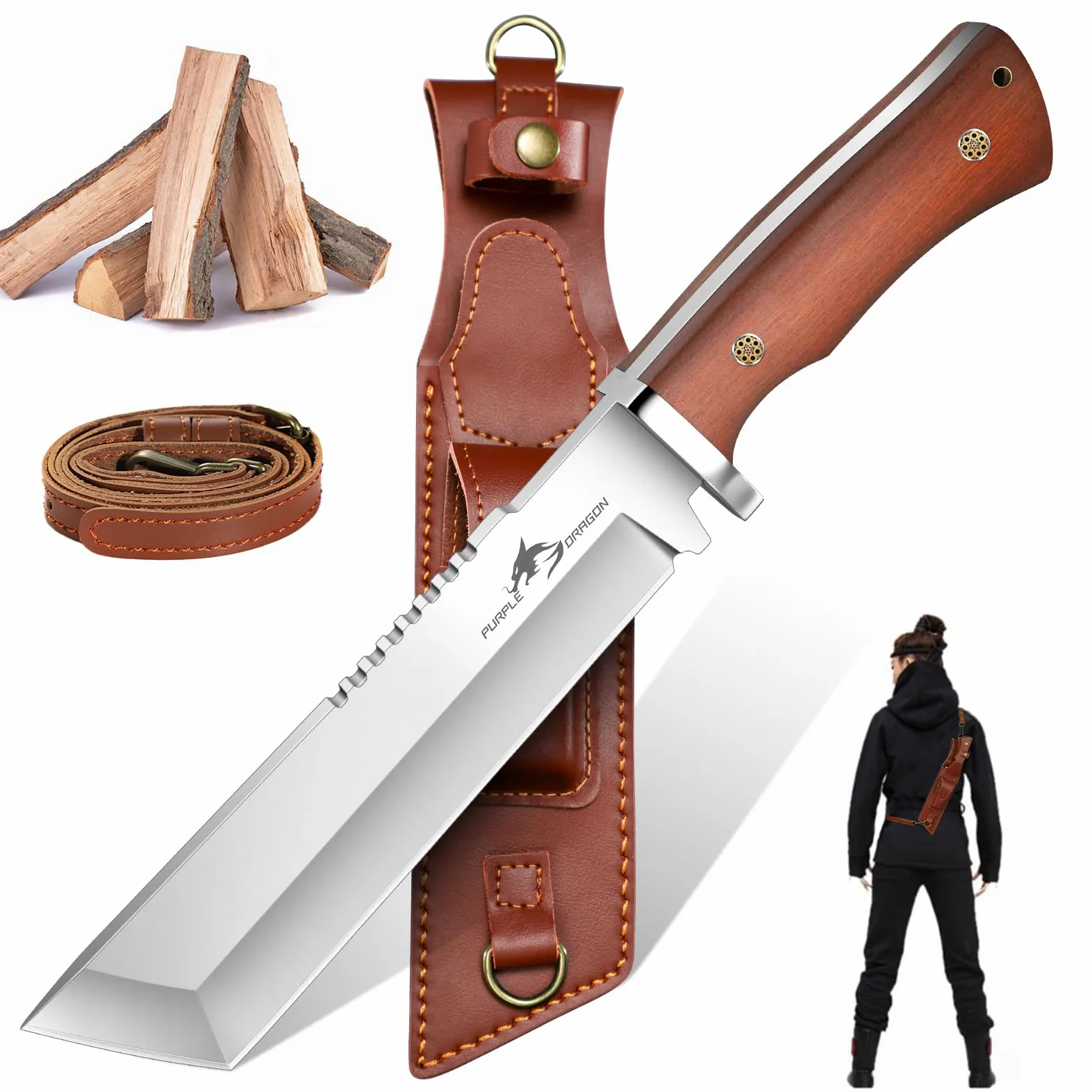 Purple Dragon Coltello da esterno con fodero in pelle, coltello da sopravvivenza affilato con dorso della lama di 7 mm, acciaio ad alto tenore di carbonio