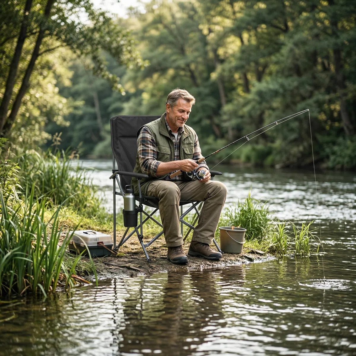 UISEBRT Sedia da pesca pieghevole con portabevande e tasca laterale, poltrona da pesca con braccioli, leggera, pieghevole, per pesca, campeggio, picnic, giardino, colore nero