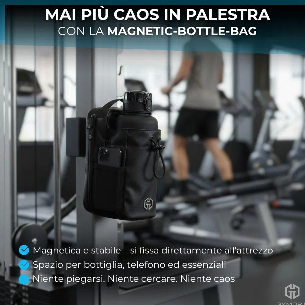 Borsa sportiva magnetica con portabottiglie da 1,5 l, portaborraccia, cellulare e accessori per allenamento, sport e uso quotidiano
