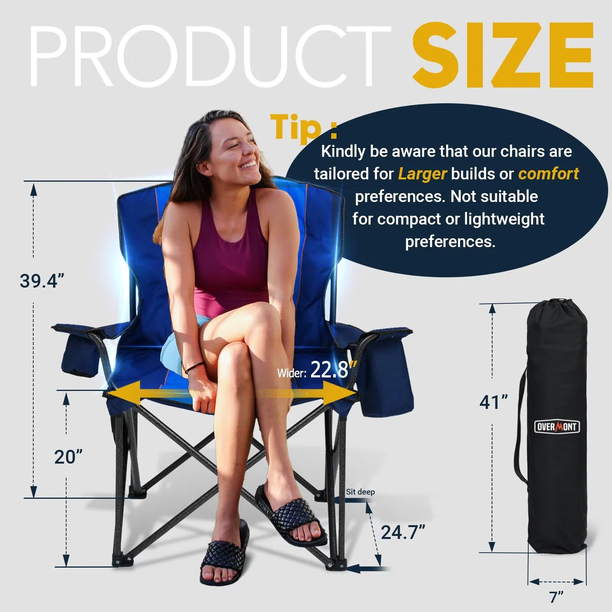 OVERMONT Sedia da Campeggio Pieghevole - Oversized Portatile di Schienale Completo Sedie da Pesca con Borsa Termica Portabicchieri - per Giardino Spiaggia Picnic - Caricabile Fino a 227kg