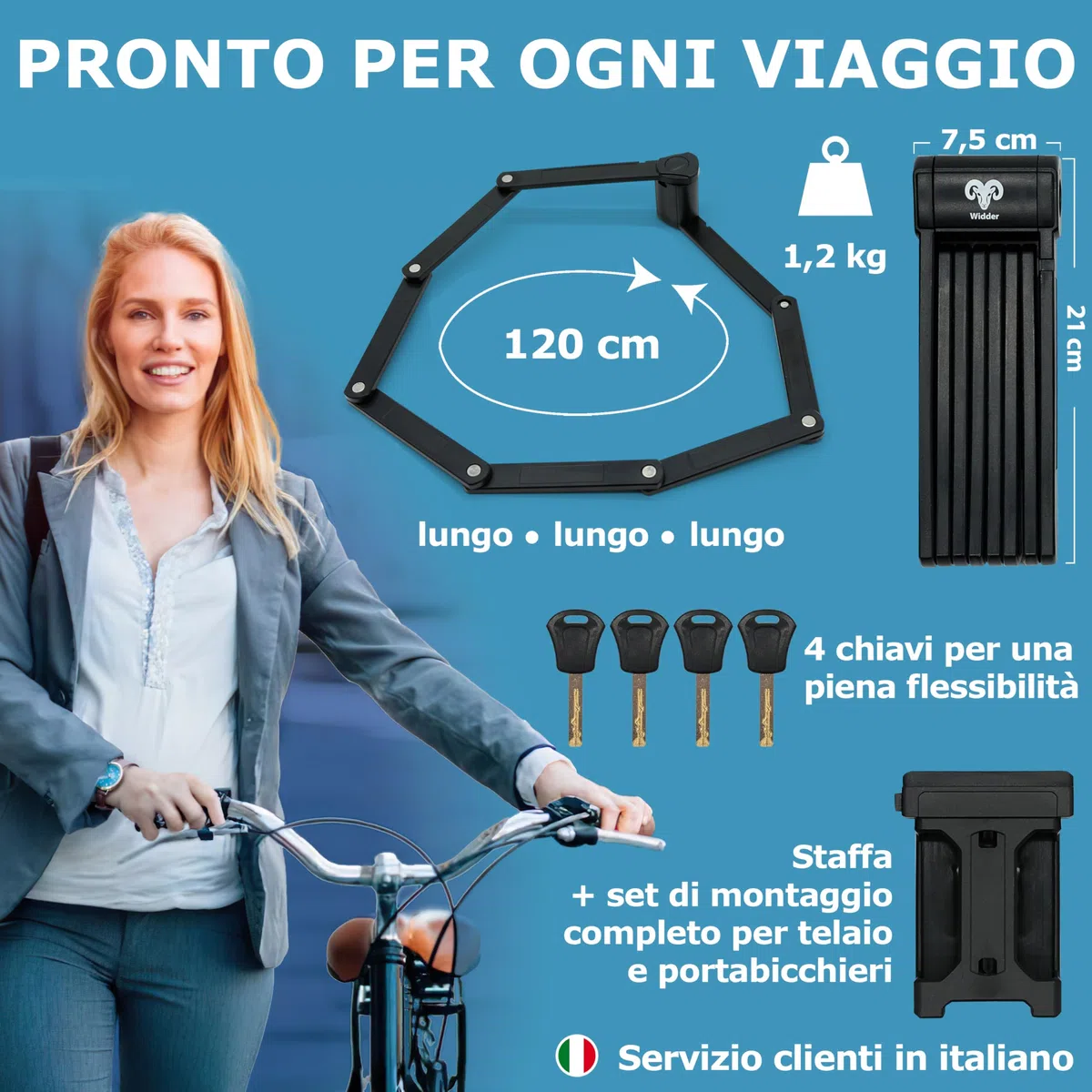 WIDDER Antifurto pieghevole per bici molto sicuro | 120 cm | con 4 chiavi | Lucchetto pieghevole per bicicletta con staffa | ideale come antifurto per e-bike, e-scooter, bici | Bike Lock