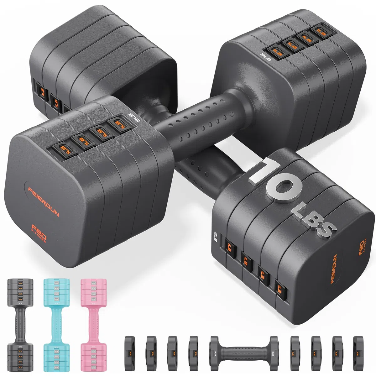 FEIERDUN Set di 2 manubri regolabili 5 in 1, pesi da 9,1 kg/4,5 kg, per donne, 1s, set di manubri a doppia stabilità, per casa, palestra e attività all'aperto