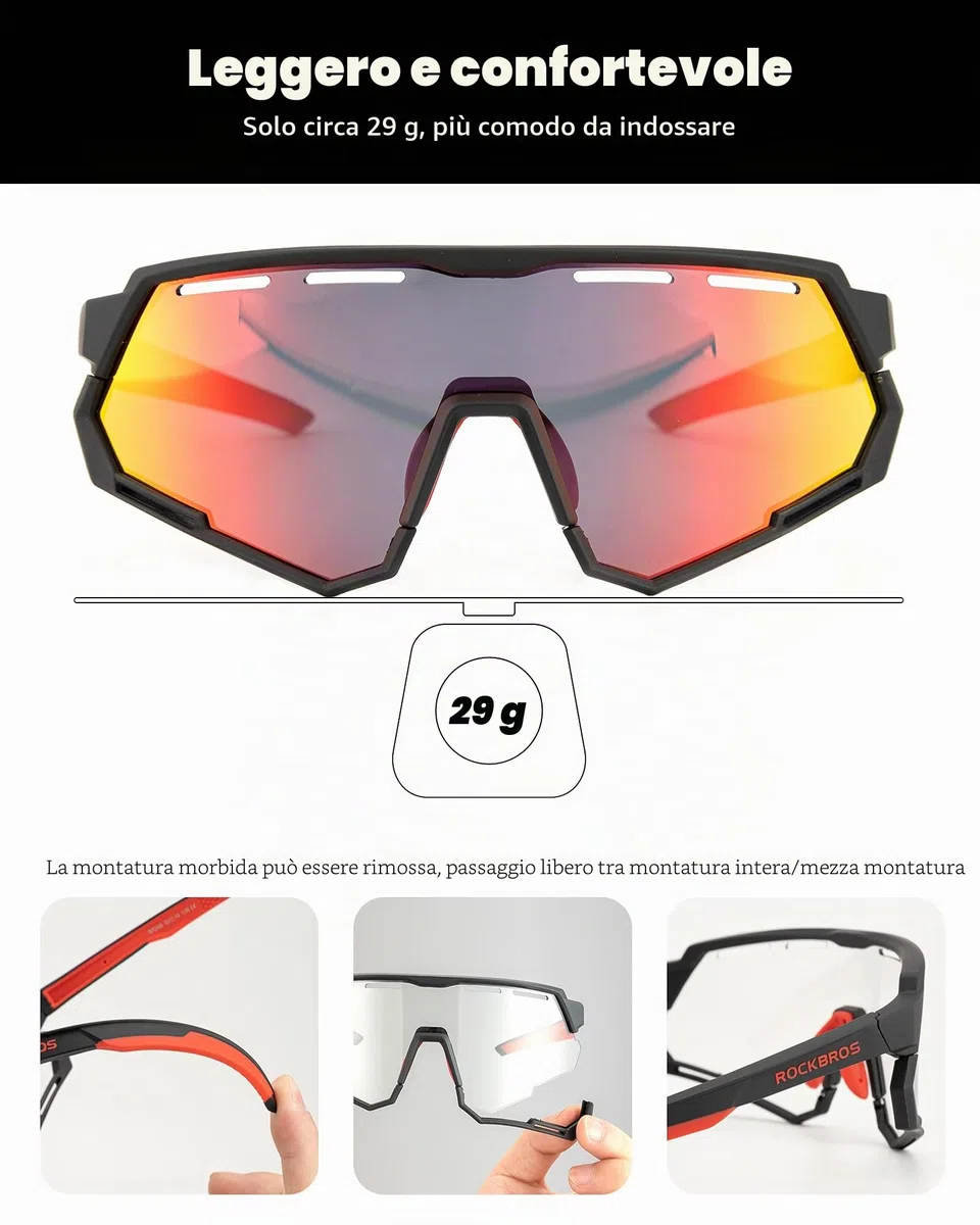 ROCKBROS Occhiali da Sole Ciclismo, Occhiali Sportivi Multifunzionali, Lenti Intercmbiabili Polarizzate & Fotocromatiche, Uomo Donna, Adatto per Bici, MTB, Corsa, Pesca