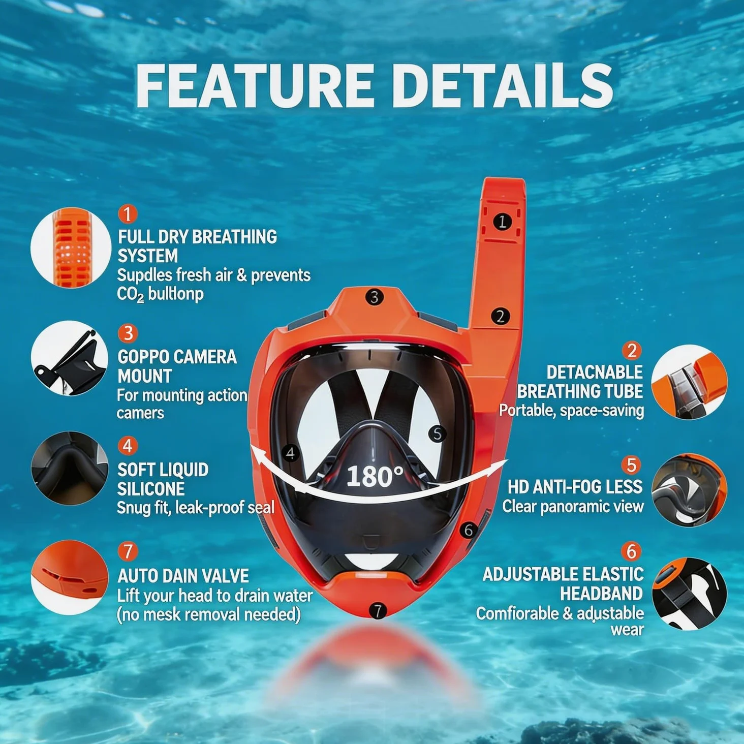Maschera da snorkeling a pieno facciale,tubo laterale migliorato con un aumento del 67 % dell’apporto di ossigeno,maschera subacquea anti-perdita e anti-appannamento