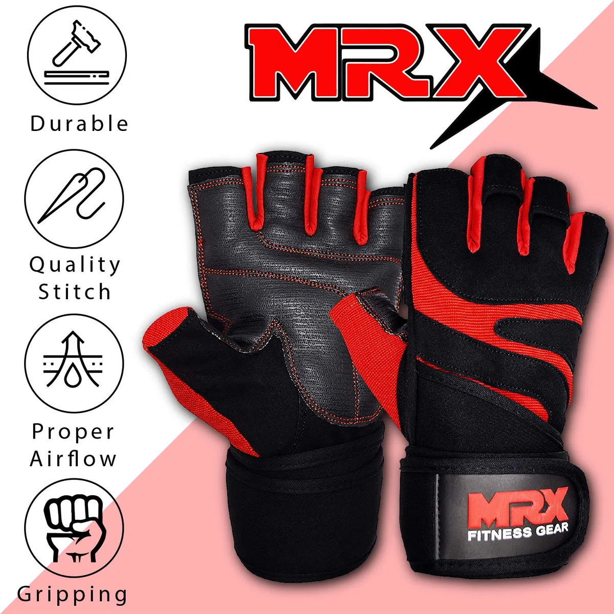 MRX - Guanti per Sollevamento Pesi da Boxe e Fitness, con Supporto Integrato per Avvolgere Il Polso, Mezze Dita, per Costruire Il Corpo, Uomo, Nero e Rosso, Large
