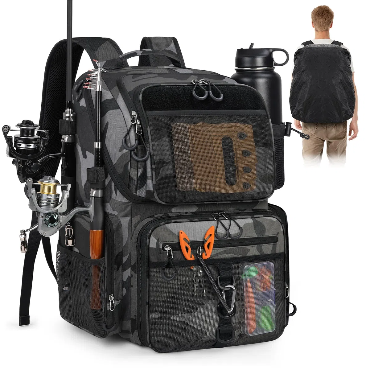 RAINSMORE Zaino Pesca 45L Grande Borsa per Pesca con Portacanna Impermeabile Zaini per Attrezzatura per Uomo Pescatori Mimetico
