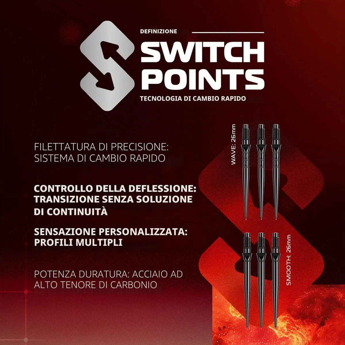 WINMAU Darts-Fornax – Set di freccette professionali al 90% in tungsteno, tecnologia Switch Point, fusti paralleli neri e rossi, 2 punti intercambiabili (onda e liscia), sistema di cambio rapido |