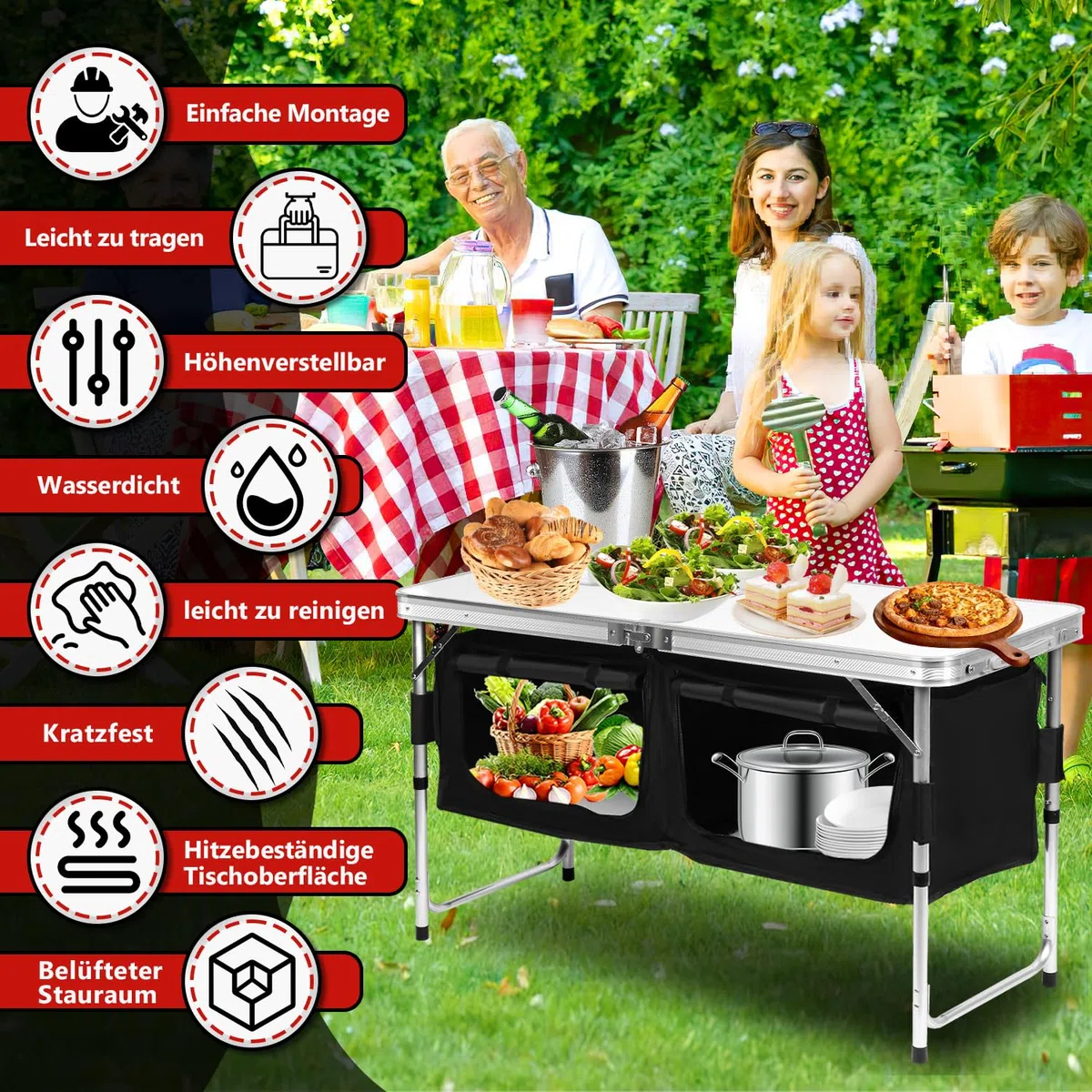 Cucina da campeggio, armadietto da campeggio con struttura in alluminio, pieghevole da campeggio con piano di lavoro resistente al calore, regolabile in altezza, per campeggio e esterni, con