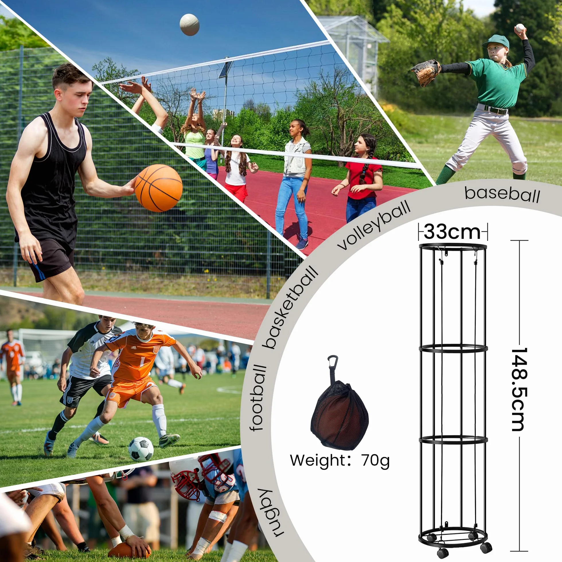 Shiawase 3 Livelli Rastrelliera per Palloni con Ruote, Portapalloni Verticale, Portapalloni Rimovibile Portapalloni Sportivo, Scaffale Stoccaggio Attrezzature Sportive, per Attrezzature Sportive