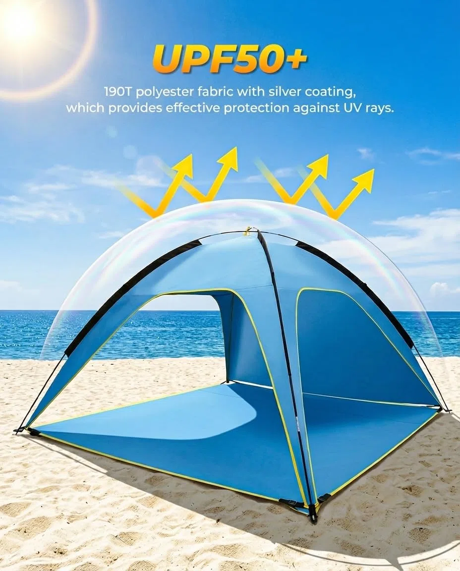 MYMULIKE Tenda da spiaggia UV50+, protezione solare, 210 x 210 x 130 cm, 4-6 persone, poliestere 190T con aste in fibra di vetro da 8 mm, portatile, con sacchi di sabbia/picchetti, per spiaggia
