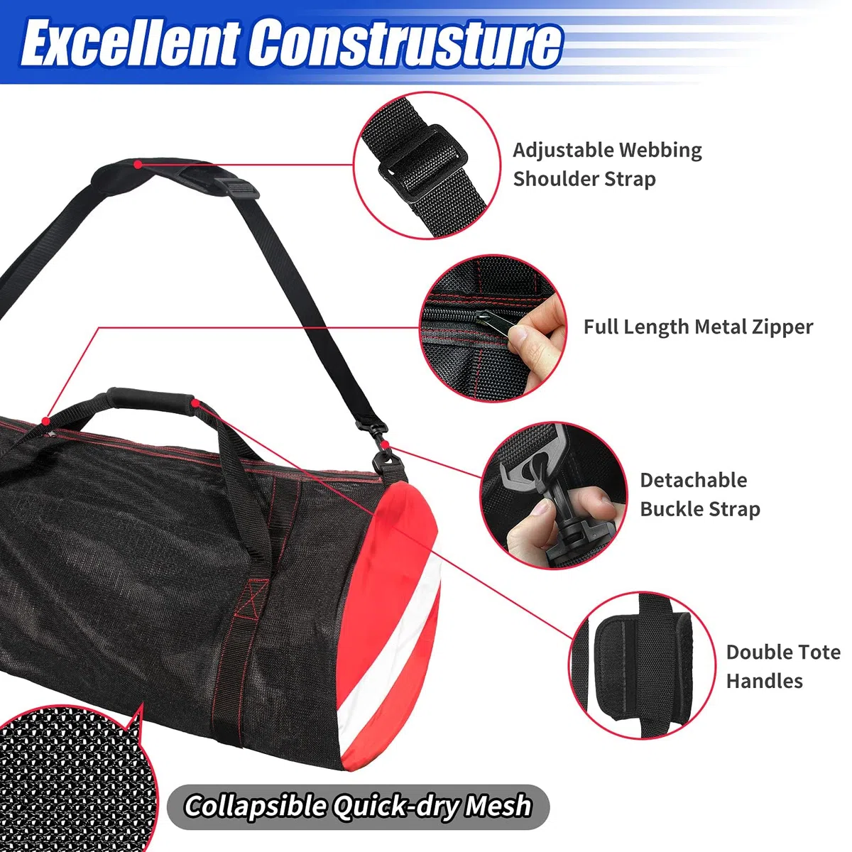 Borsone in rete, grande borsa da immersione in rete con tracolla e mano, borse sportive per immersioni subacquee e attrezzature per snorkeling, nuoto bagnato, viaggi e allenamento in palestra